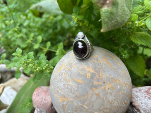 PEARL + STAR GARNET RING